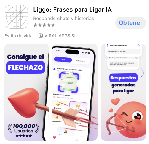 Custom Product Page leading with 'Consigue el flechazo' in App Store search results