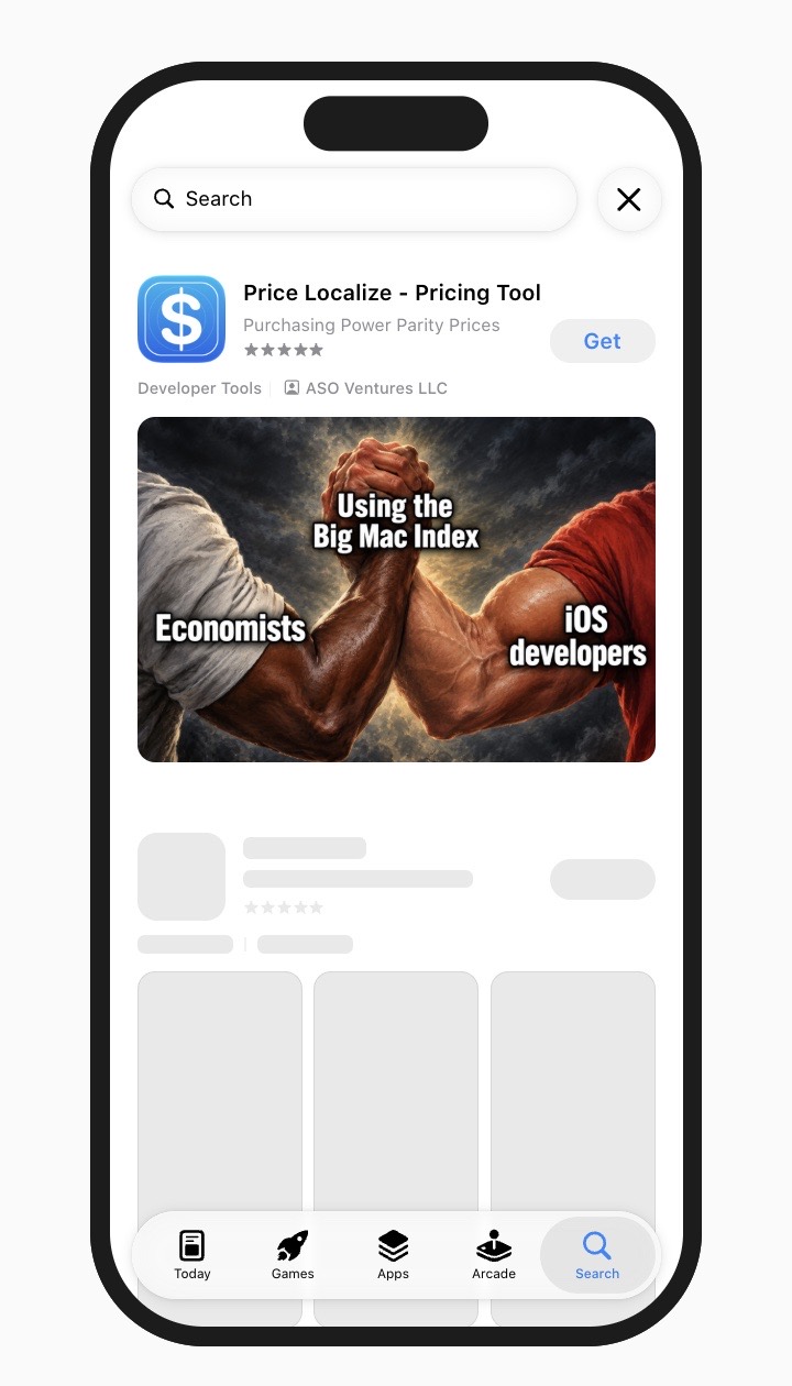 Apple Ads search results banner for Price Localize by Teodora Dobre (@designerants)